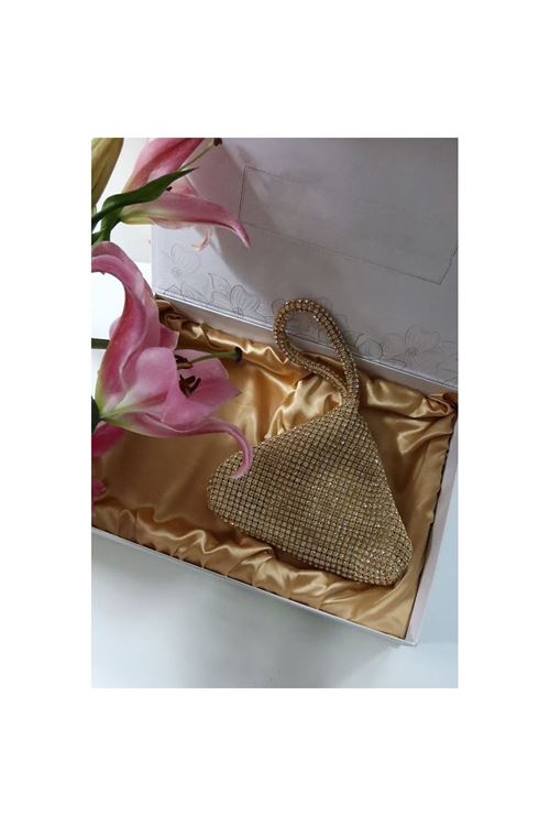 Gold taşlı üçgen form abiye el çantası
