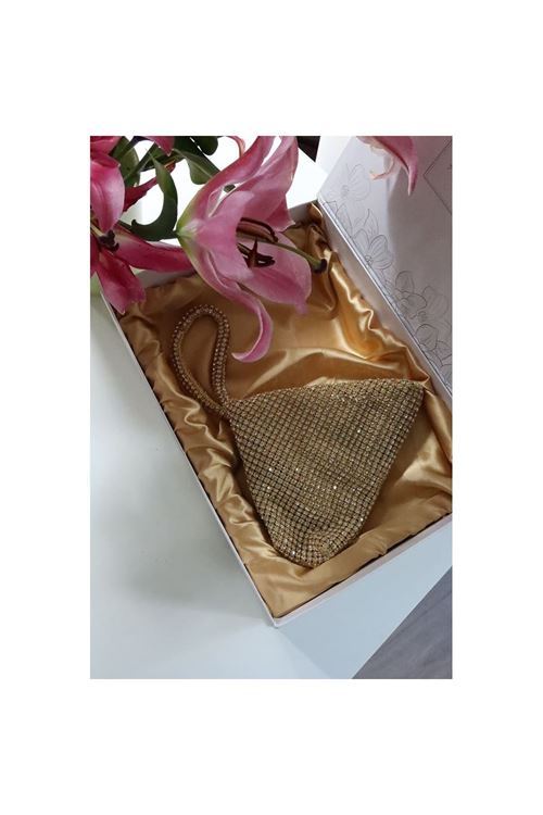Gold taşlı üçgen form abiye el çantası