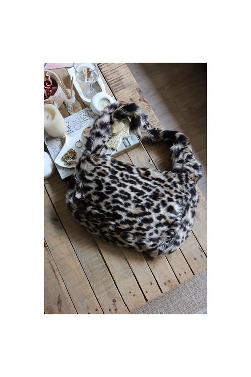 leopar  tek kulplu peluş omuz çantası