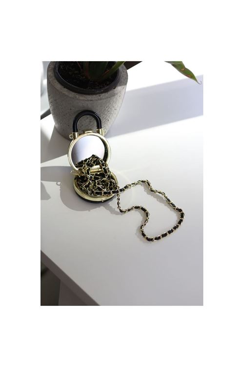 Gold Aksesuar Siyah Kapitone Mini Charm Aynalı Çanta Aksesuarı