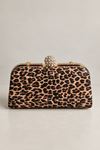 Leopar parlak desen gold topaz aksesuarlı abiye zincirli clutch çanta