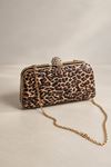Leopar parlak desen gold topaz aksesuarlı abiye zincirli clutch çanta